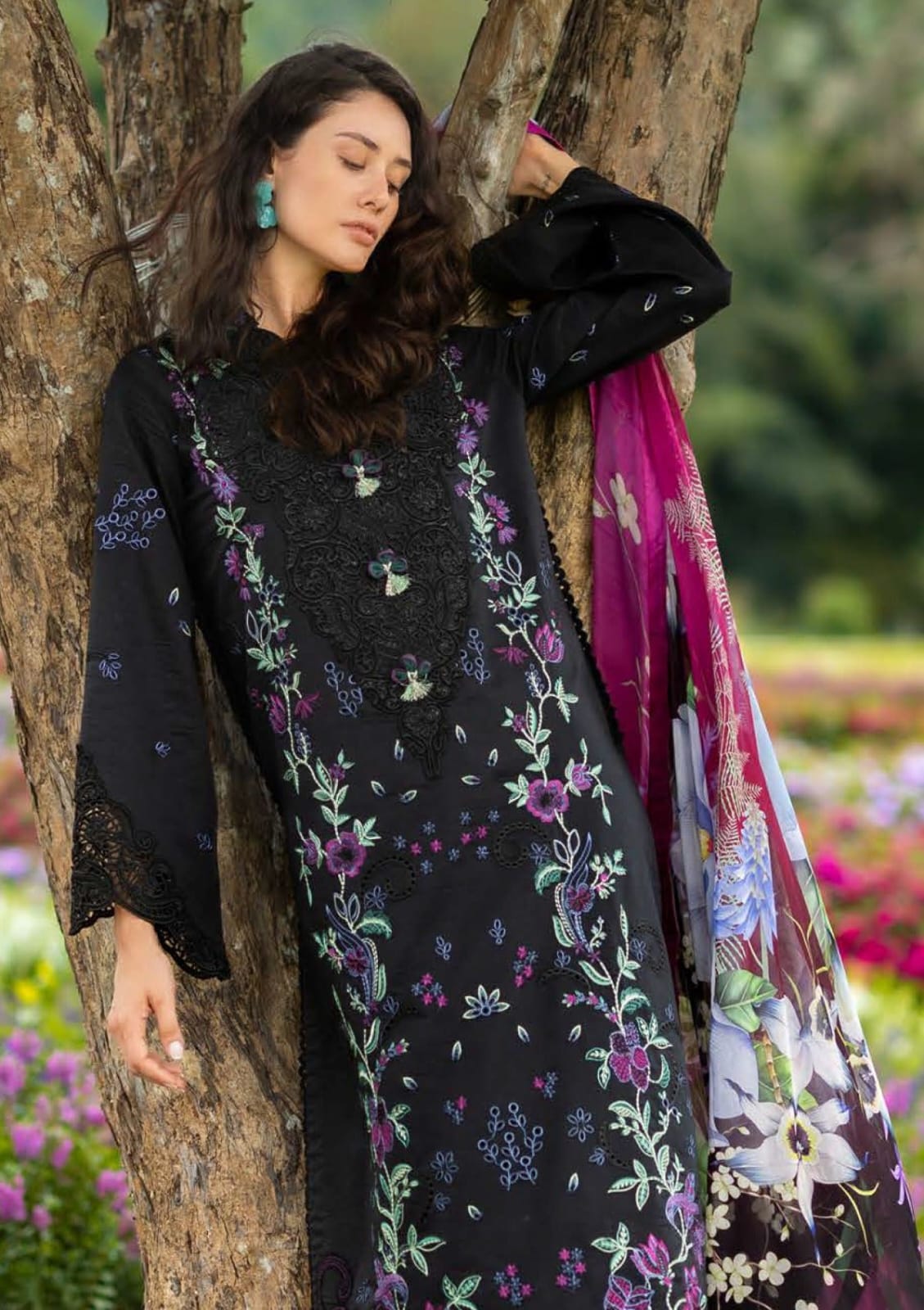 Unstitched Shaa Posh lawn embroidered 3-piece suit with digital print dupatta, showcasing detailed embroidery and vibrant fabric.