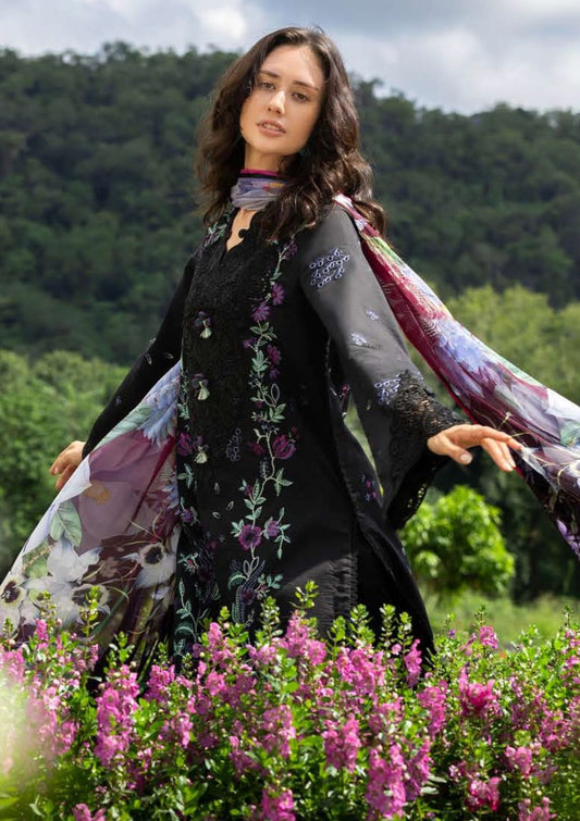 Unstitched lawn embroidery 3-piece suit with digital print dupatta by Shaa Posh, featuring intricate embroidered details and vibrant fabric.