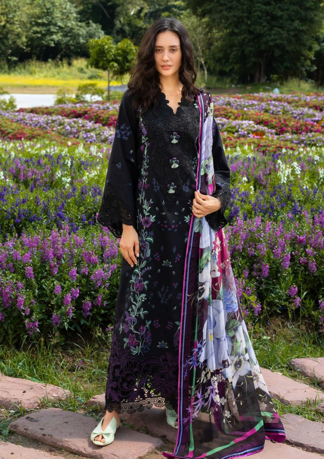 Unstitched Shaa Posh SP-29 lawn embroidered 3-piece suit with digital print dupatta, showcasing intricate embroidery and vibrant fabric details.