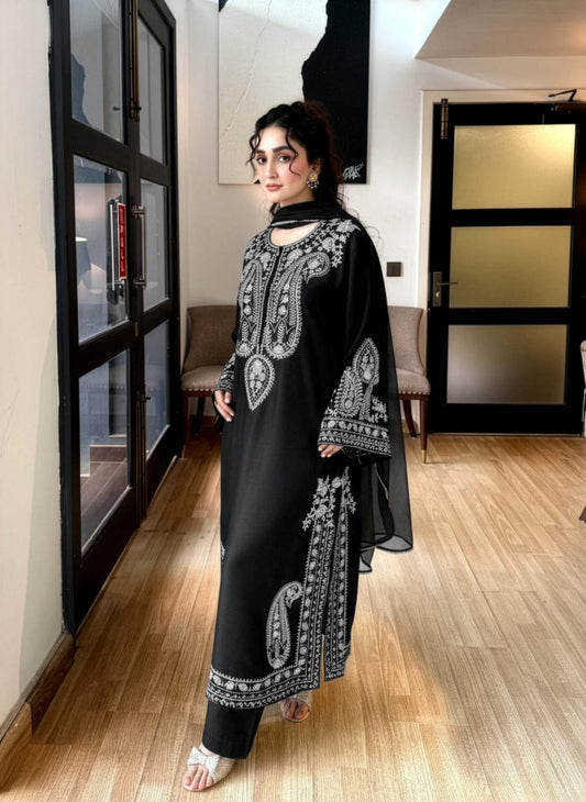Unstitched embroidered lawn suit 3-piece set with chiffon dupatta by Shaa Posh, featuring intricate embroidery and vibrant fabric.