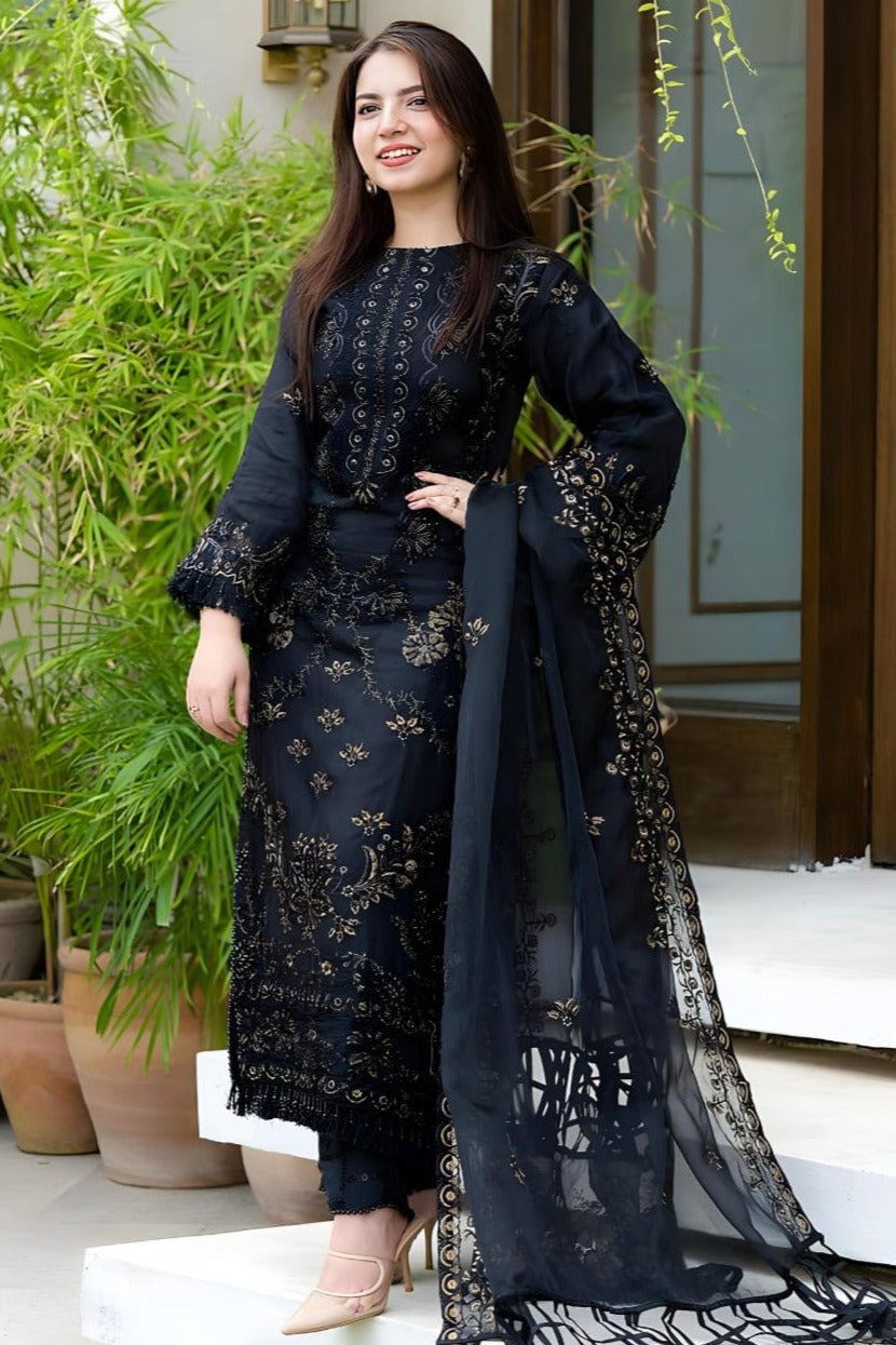 Unstitched Shaa Posh lawn embroidered 3-piece suit with matching embroidered dupatta, featuring intricate floral embroidery and vibrant fabric