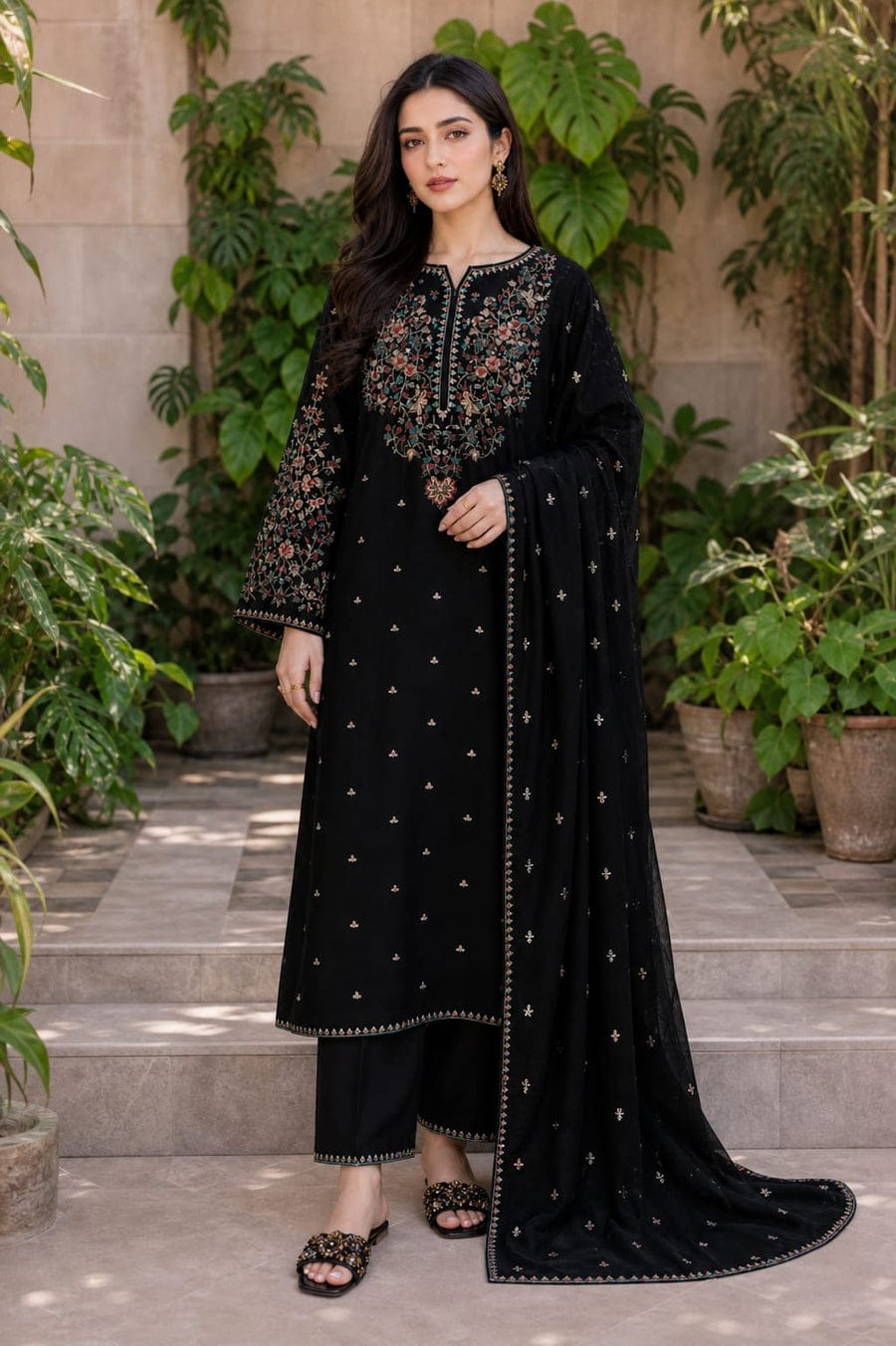 Fully embroidered unstitched lawn suit with embroidered bamber chiffon dupatta by Shaa Posh, featuring intricate embroidery and vibrant fabric.
