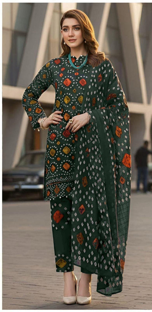 Unstitched digital lawn 3-piece suit by Shaa Posh with matching digital lawn dupatta, featuring vibrant floral and geometric patterns.