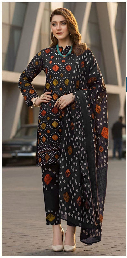 Unstitched digital lawn 3-piece suit by Shaa Posh with matching digital lawn dupatta, featuring vibrant floral and geometric patterns.
