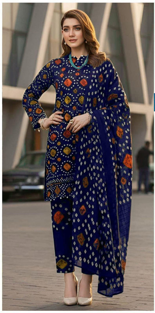 Unstitched digital lawn 3-piece suit with matching digital lawn dupatta by Shaa Posh, featuring vibrant floral and geometric patterns.