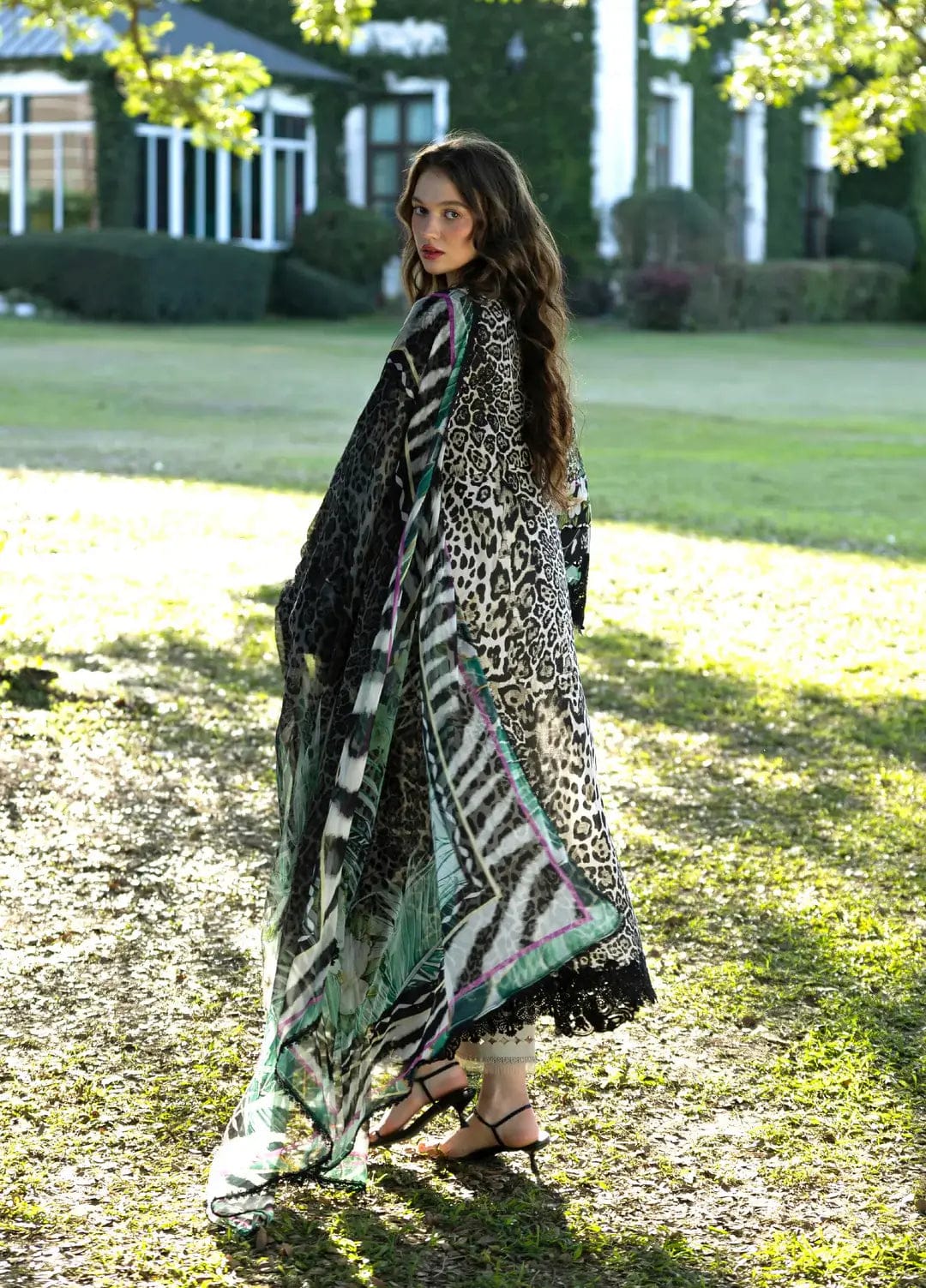 Unstitched Shaa Posh lawn embroidery 3-piece suit with digital print dupatta, featuring intricate embroidery and colorful fabric.