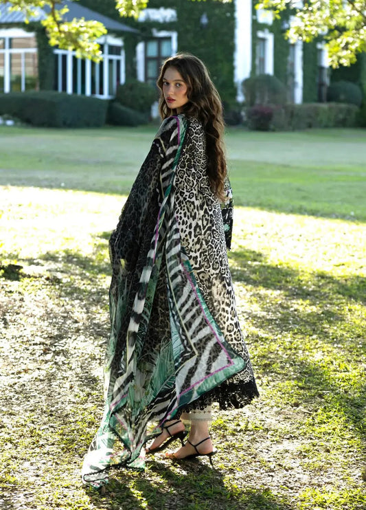 Unstitched Shaa Posh lawn embroidery 3-piece suit with digital print dupatta, featuring intricate embroidery and colorful fabric.