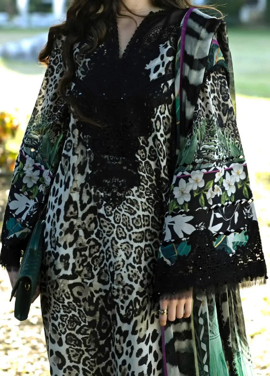 Unstitched Shaa Posh lawn embroidery 3-piece suit with digital print dupatta displayed on a hanger.