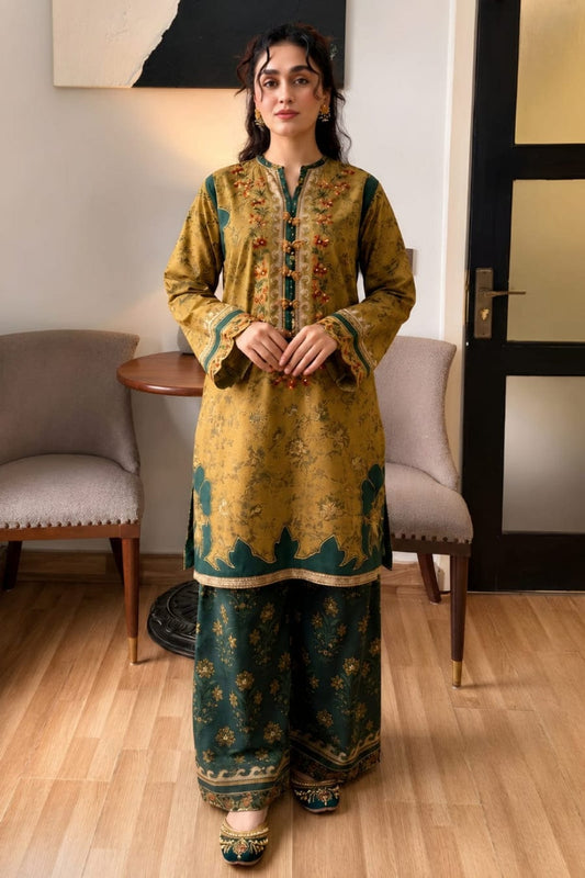 Digital printed unstitched lawn suit by Shaa Posh with intricate patterns, shown in a vibrant, colorful fabric design.