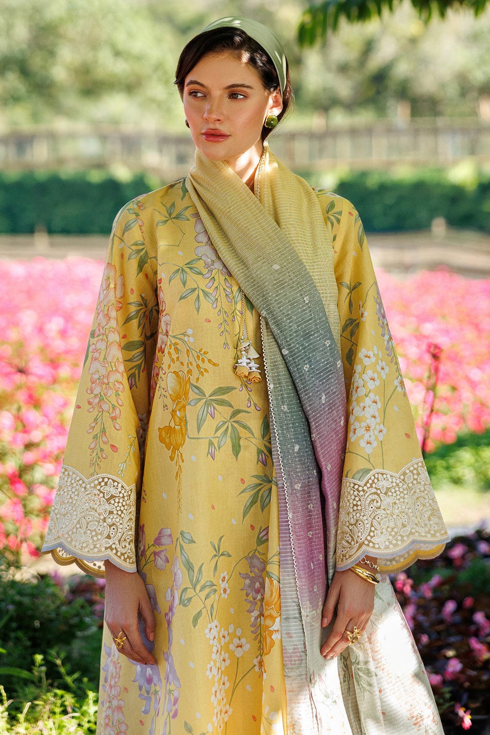 Unstitched digital printed lawn suit 3-piece set by Shaa Posh with matching lawn dupatta, featuring vibrant floral and geometric patterns.