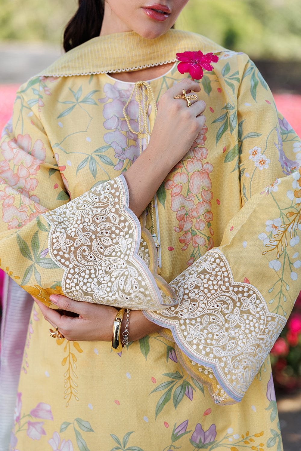 Unstitched digital printed lawn suit 3-piece set with matching lawn dupatta by Shaa Posh, featuring vibrant floral patterns.