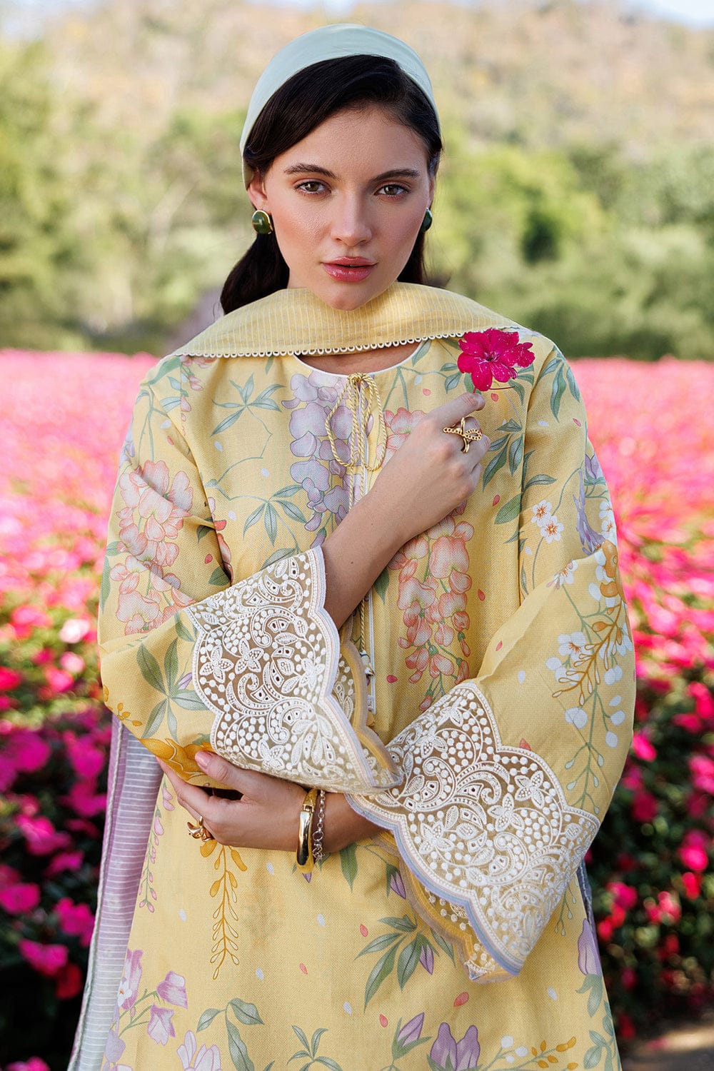 Unstitched Shaa Posh digital printed lawn suit 3-piece set with matching digital printed lawn dupatta, featuring vibrant floral designs.