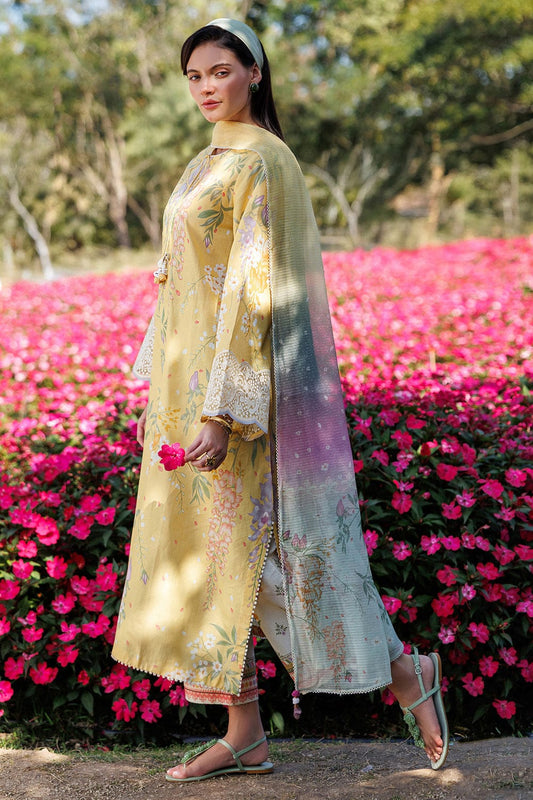Unstitched digital printed lawn suit 3-piece set with matching lawn dupatta by Shaa Posh, featuring vibrant floral and geometric patterns.