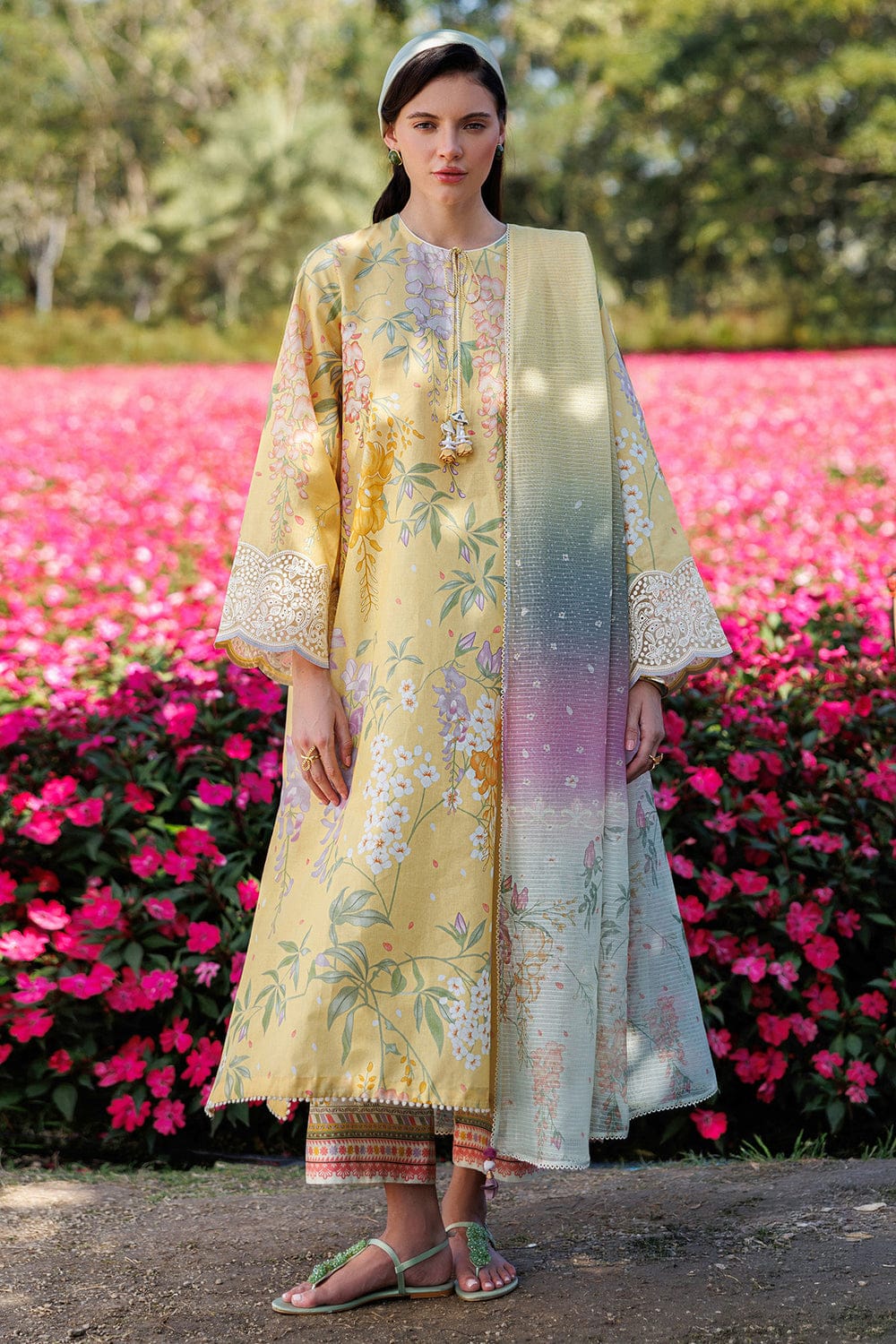 Unstitched digital printed lawn suit 3-piece set with matching lawn dupatta by Shaa Posh, featuring vibrant floral and geometric patterns.