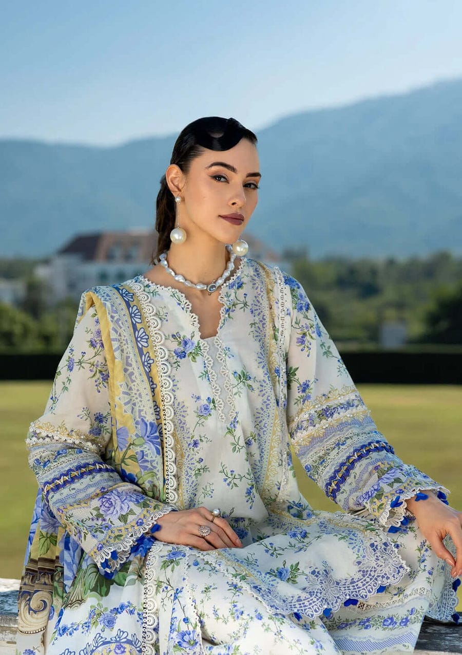 Unstitched digital printed lawn suit set with a matching printed lawn dupatta by Shaa Posh, featuring vibrant floral patterns.
