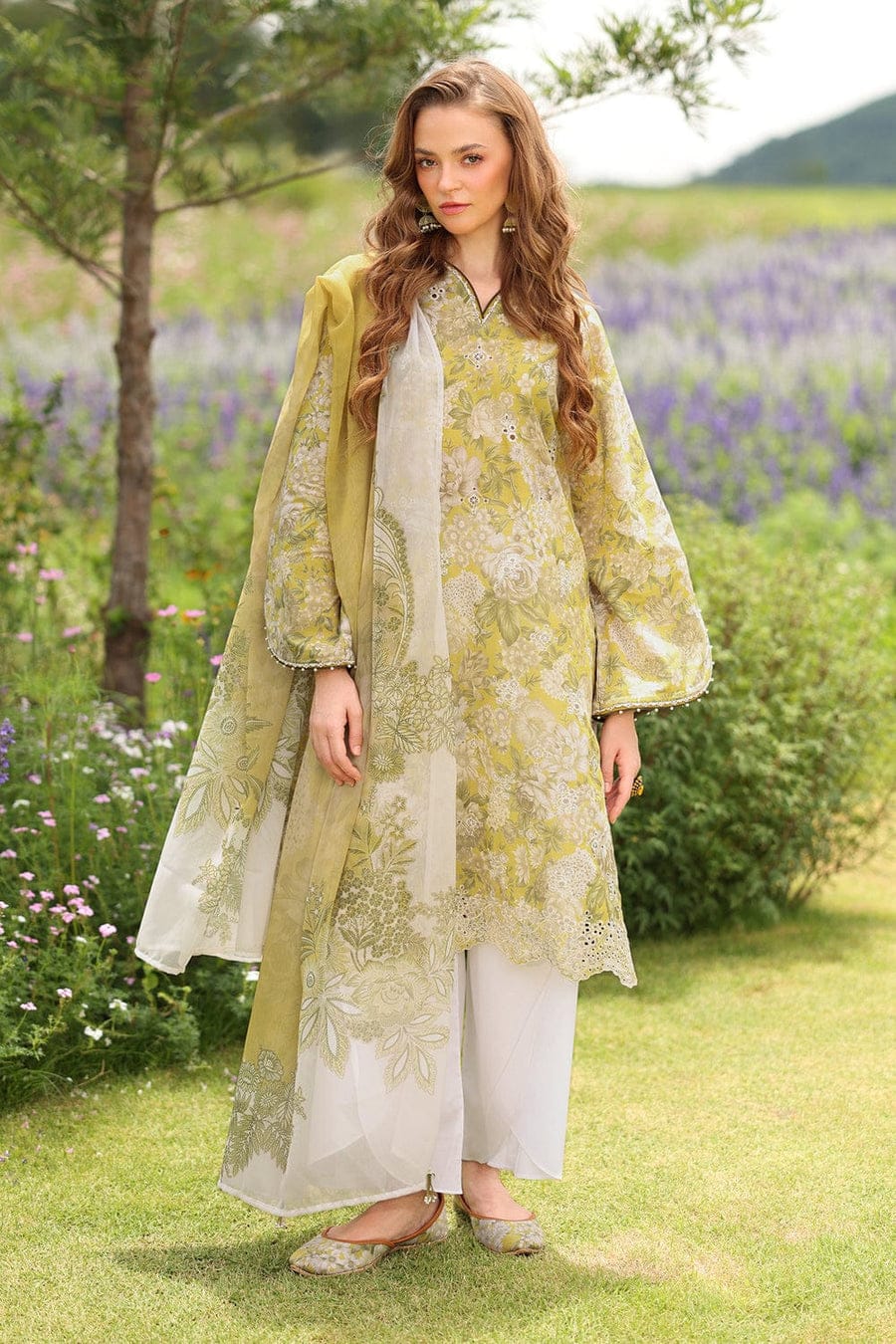 Unstitched digital printed lawn suit 3-piece set with matching digital printed lawn dupatta by Shaa Posh, displayed on a flat surface.