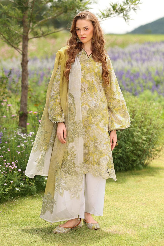 Unstitched digital printed lawn suit 3-piece set with matching digital printed lawn dupatta by Shaa Posh, displayed on a flat surface.