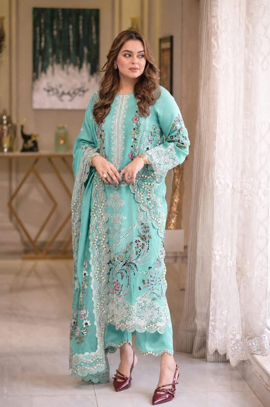 Shaa Posh lawn unstitched 3-piece embroidered suit with matching embroidered dupatta, displayed on a hanger.
