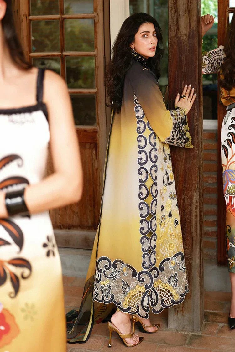 Unstitched digital printed lawn suit 3-piece set with matching lawn dupatta by Shaa Posh, featuring vibrant floral and geometric patterns.