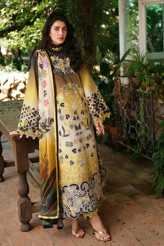 Unstitched digital printed lawn suit 3-piece set with matching lawn dupatta by Shaa Posh, featuring vibrant floral patterns.