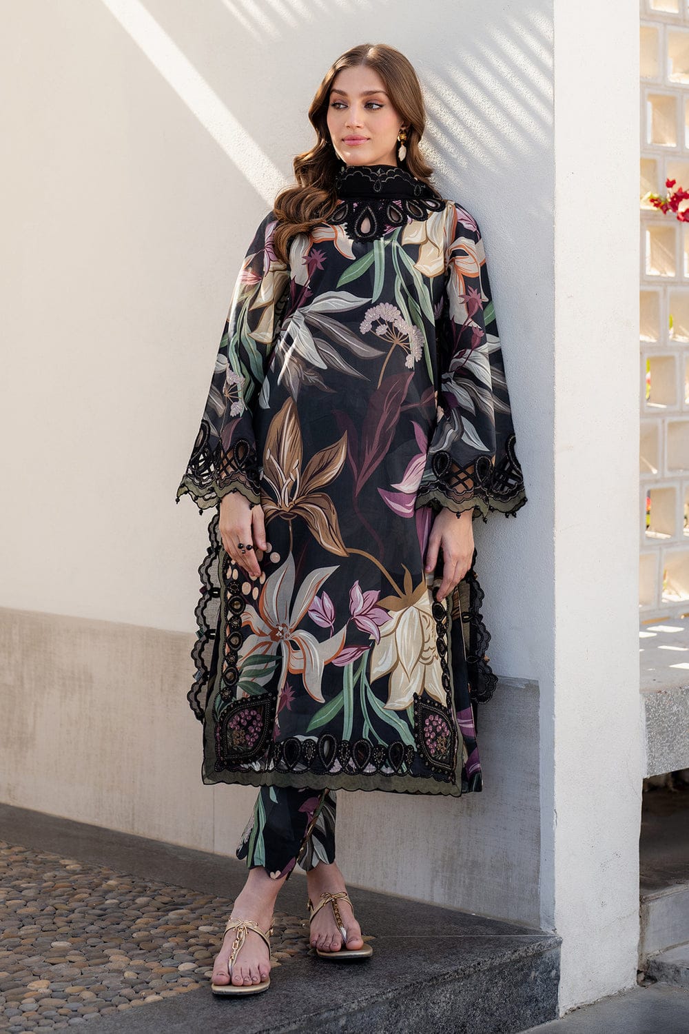 Unstitched Shaa Posh digital printed lawn suit 3-piece with matching printed dupatta, featuring vibrant floral patterns.