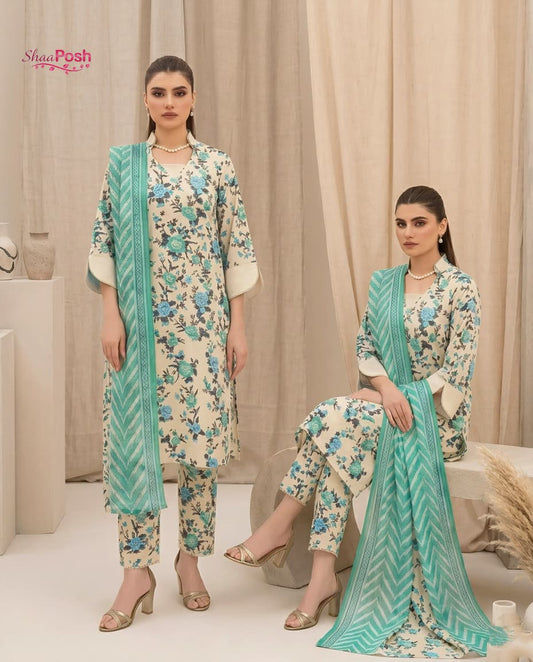 Unstitched digital printed lawn suit 3-piece set with matching lawn dupatta by Shaa Posh, featuring vibrant floral design and lightweight fabric.