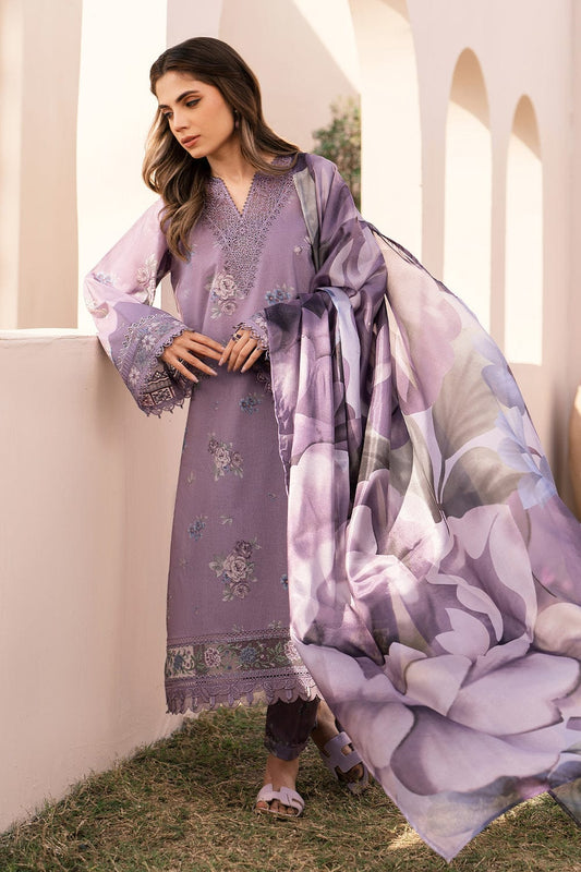 Three-piece unstitched digital printed lawn suit with matching lawn dupatta by Shaa Posh, featuring vibrant floral and geometric patterns.