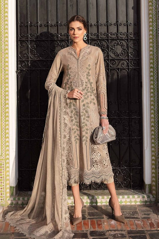 Lawn embroidered 3-piece suit by Shaa Posh with intricate embroidery and matching organza dupatta, displayed on a hanger.
