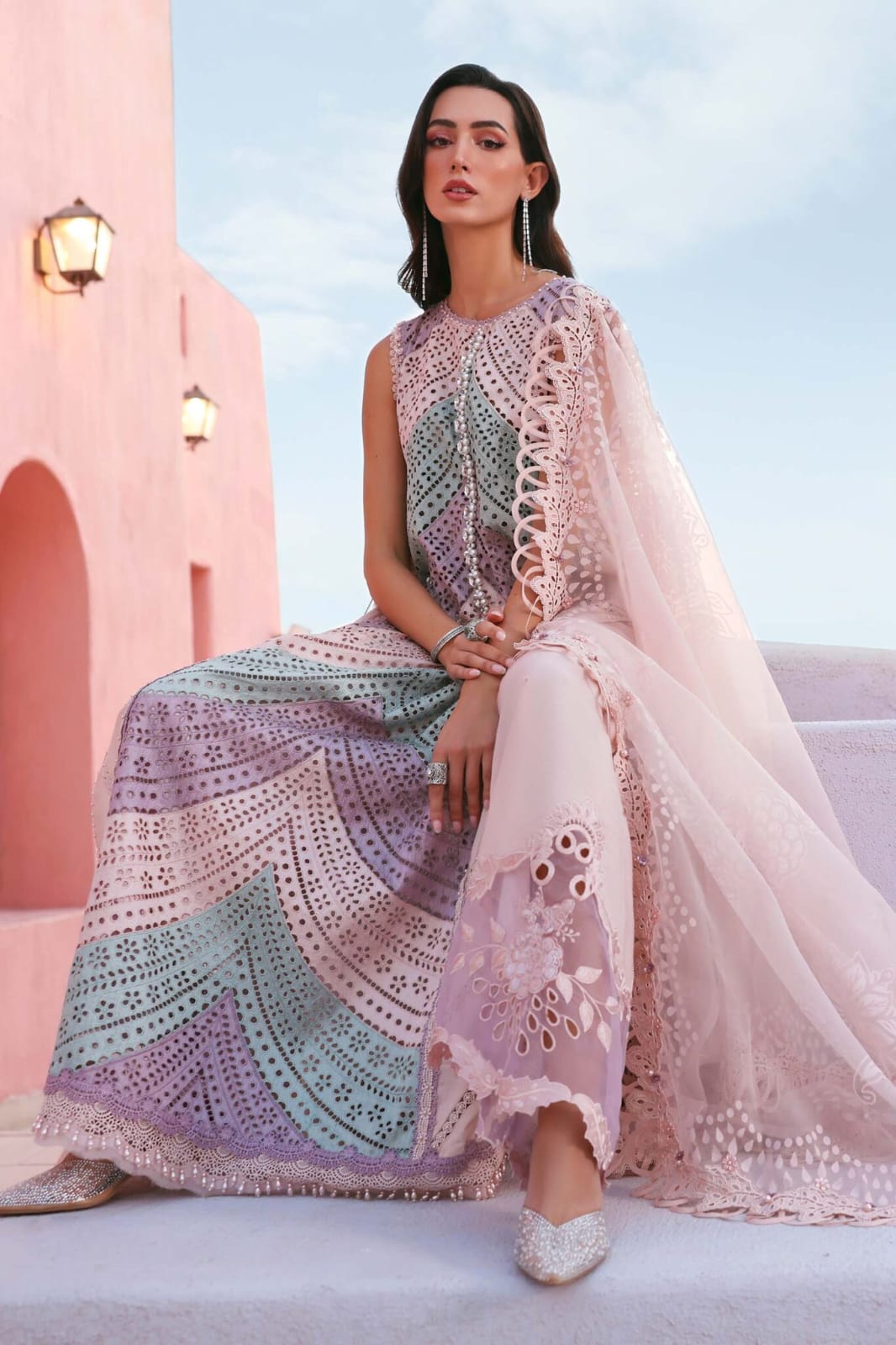 SP-01 Unstitched 3 pc Chickenkari Embroidered Suit With Organza Duppata
