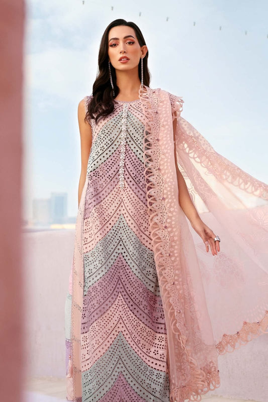 Unstitched 3-piece Chickenkari embroidered suit with organza dupatta by Shaa Posh, featuring intricate embroidery and elegant fabric details.