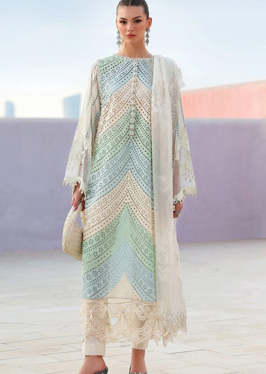 Unstitched 3-piece Shaa Posh Chickenkari embroidered suit with organza dupatta, featuring intricate hand-embroidery and elegant fabric.