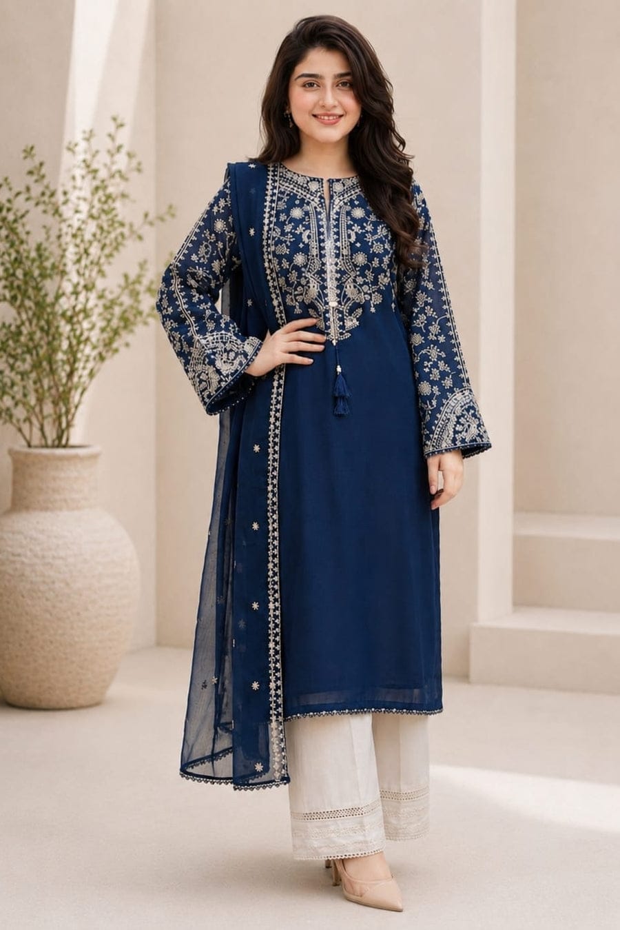 Unstitched fully embroidered lawn suit with intricate designs, paired with embroidered bamber chiffon dupatta by Shaa Posh.