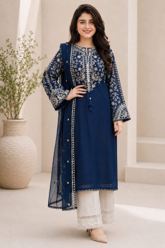 Unstitched fully embroidered lawn suit with intricate designs, paired with embroidered bamber chiffon dupatta by Shaa Posh.