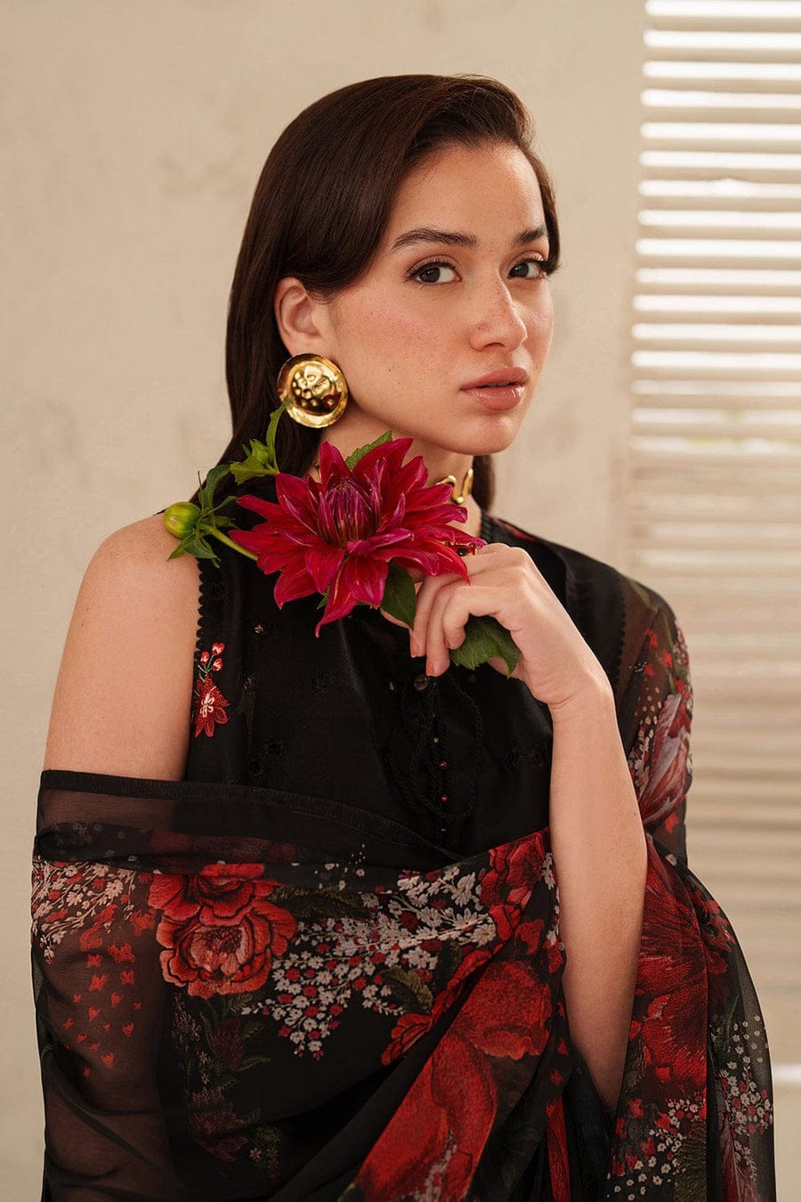 Unstitched digital printed lawn suit by Shaa Posh, 3-piece set with matching digitally printed lawn dupatta, displayed on a hanger.