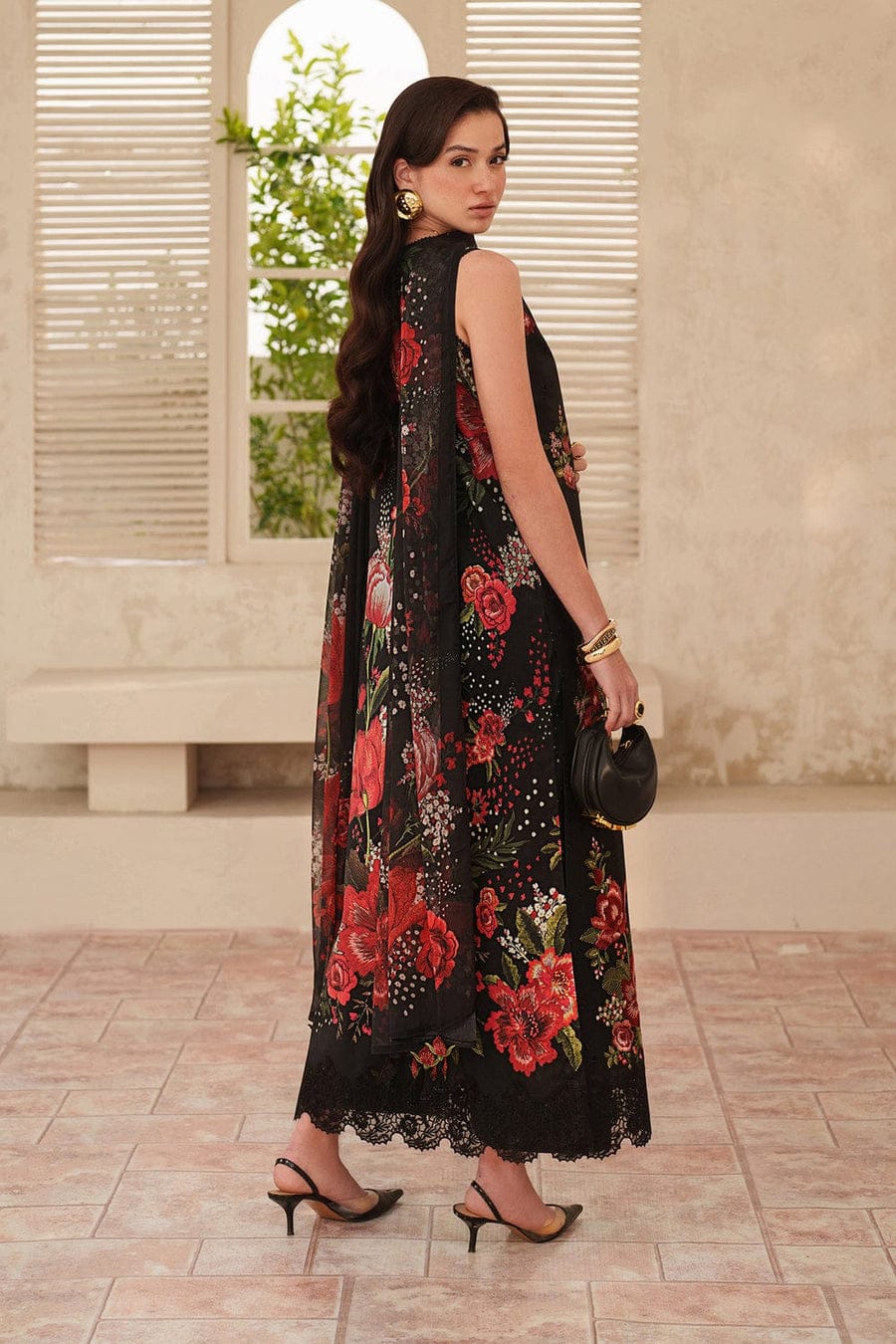 Unstitched Shaa Posh digital printed lawn suit 3-piece set with matching lawn dupatta, featuring vibrant floral patterns.