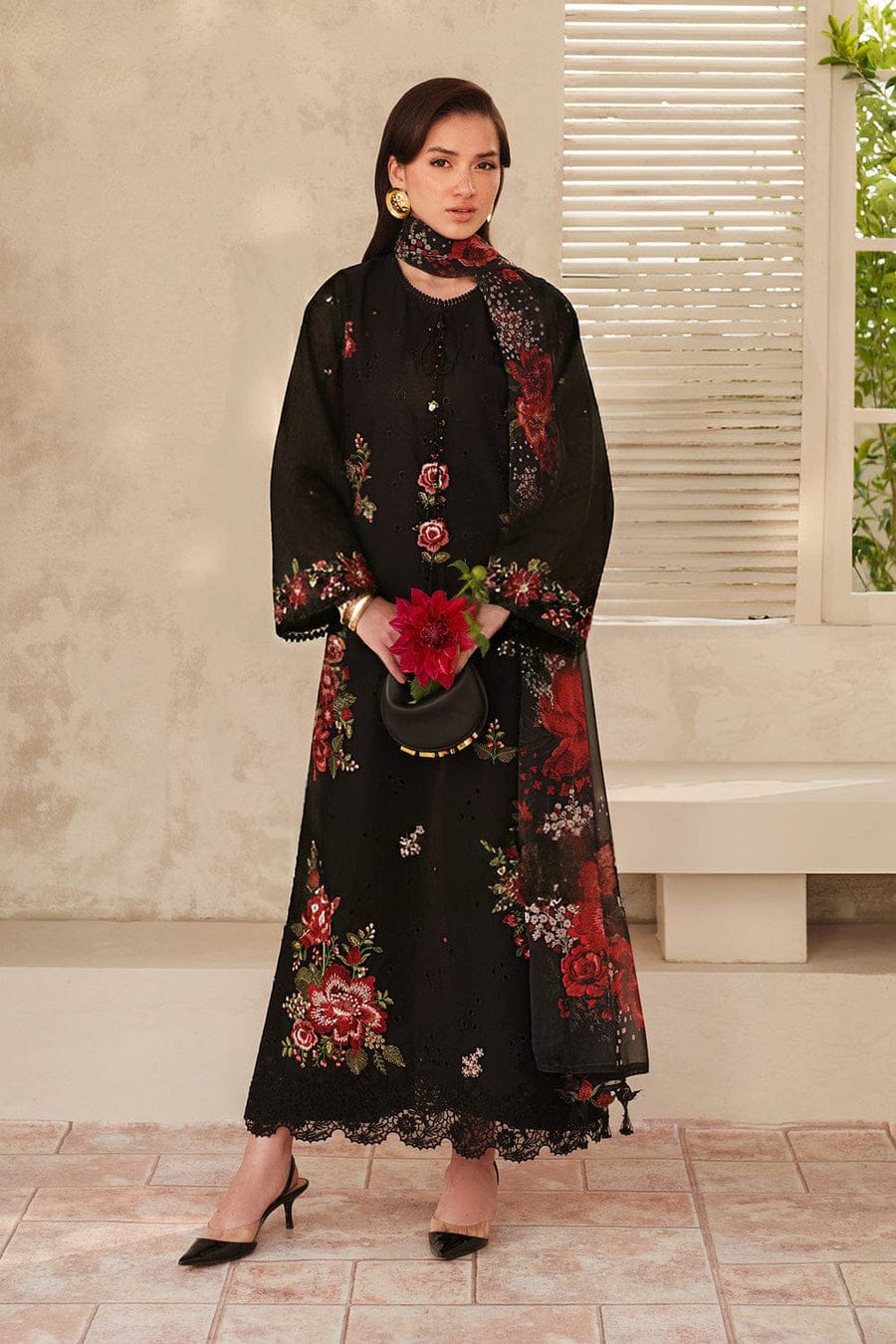 Unstitched digital printed lawn suit 3-piece set with matching digital printed lawn dupatta by Shaa Posh, displayed on a hanger.