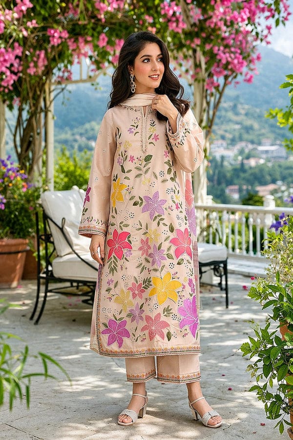 Fully embroidered SP 30 lawn suit by Shaa Posh with printed Monar dupatta, featuring intricate embroidery on the fabric.