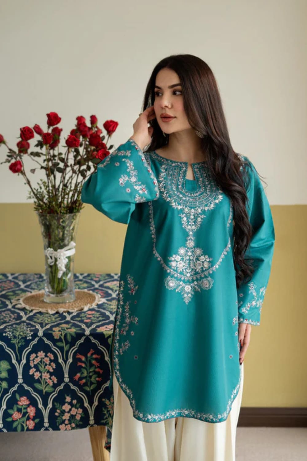 Shaa Posh SP-6.1 lawn two-piece embroidered trouser set with intricate embroidery on fabric, stylish and elegant traditional attire.
