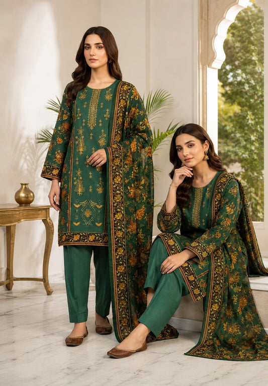 Shaa Posh SP-BS01 embroidered three-piece lawn suit with printed chiffon dupatta, showcasing detailed embroidery and vibrant fabric.