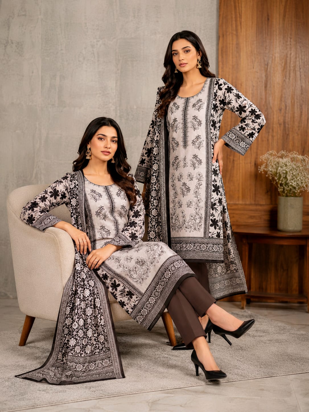 Embroidered lawn suit by Shaa Posh featuring a three-piece unstitched embroidered shirt, printed lawn dupatta, and matching fabric.