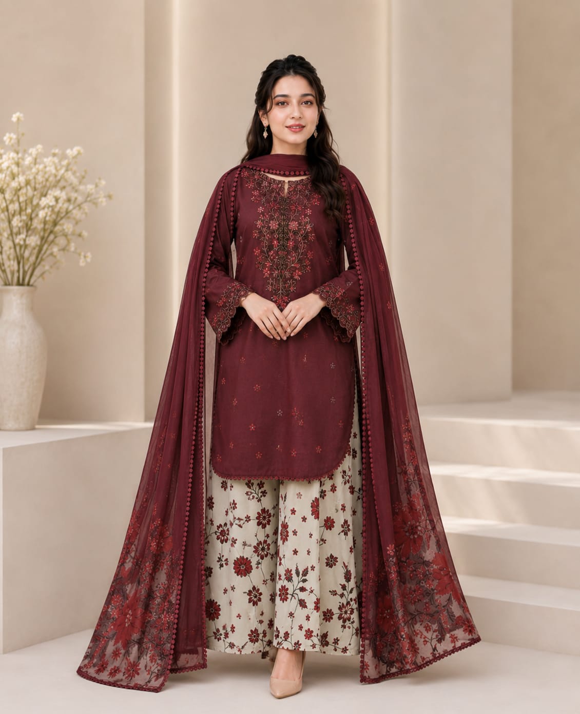 SP-IZ236 Neckline & Sleeves Embroidered Digital Printed Lawn Suit 3pc With Monar Digital Printed Dupatta - Shaa Posh