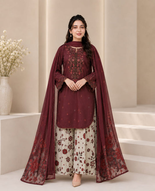 SP-IZ236 Neckline & Sleeves Embroidered Digital Printed Lawn Suit 3pc With Monar Digital Printed Dupatta - Shaa Posh