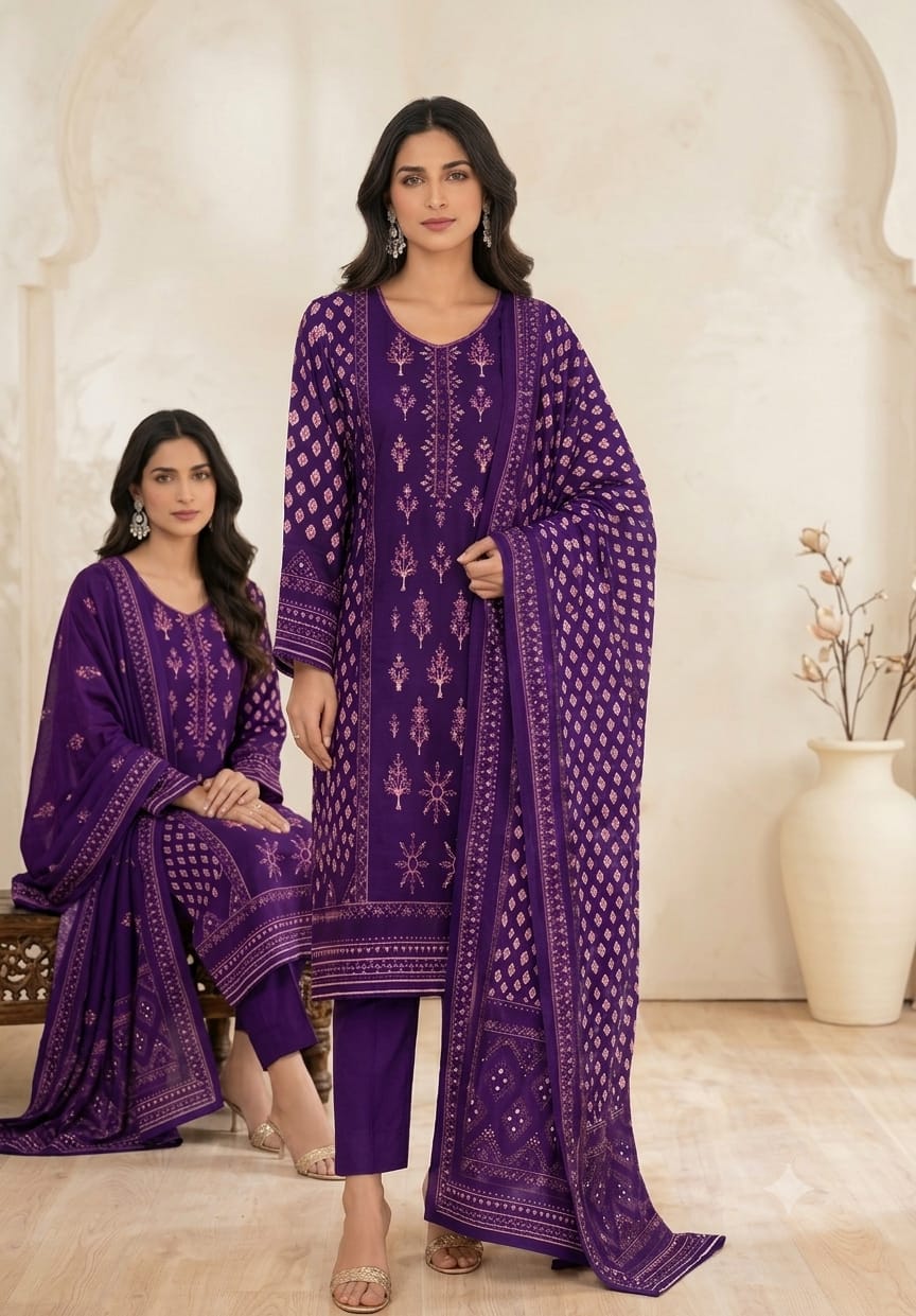 SP-BS03 Lawn Unstitched 3pc Embroidered Suit With Lawn Printed Duppata - Shaa Posh
