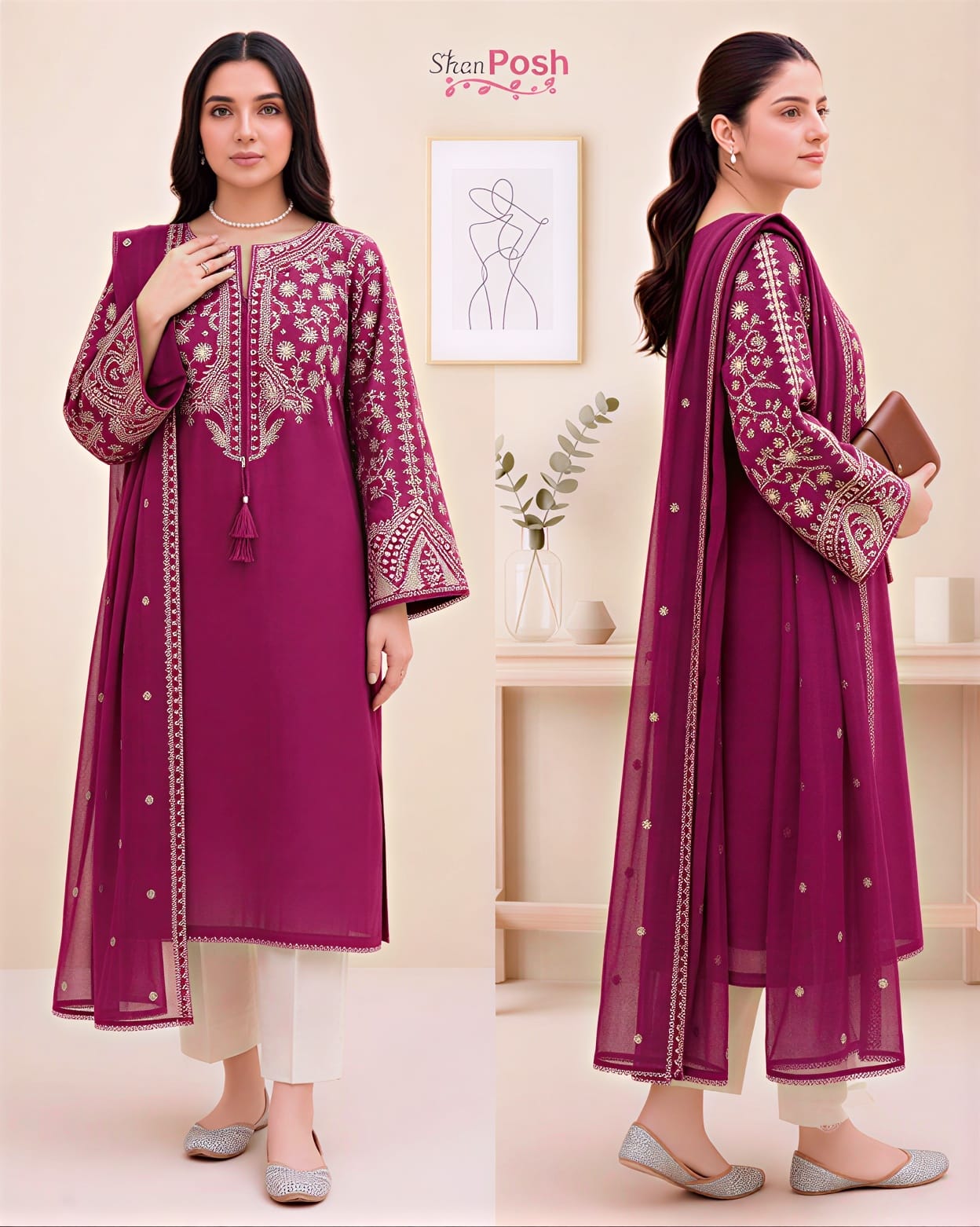 SR-BT2835 B Unstitched Fully Embroidered Lawn Suit With Embroidered Bamber Chiffon Dupatta - Shaa Posh