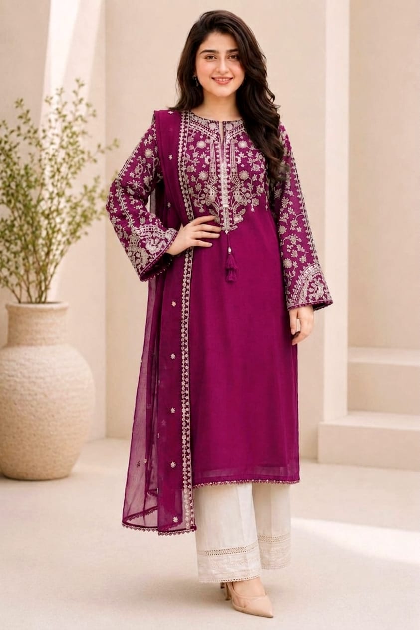 SR-BT2835 B Unstitched Fully Embroidered Lawn Suit With Embroidered Bamber Chiffon Dupatta - Shaa Posh
