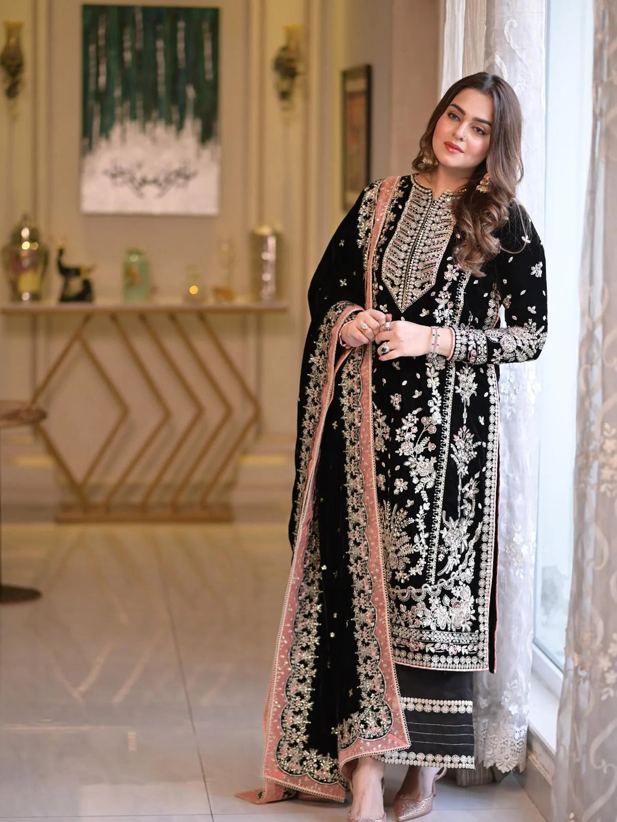 SP-AN5066 Unstitched Fully Embroidered Dhanak Suit With 4 Sided Embroidered Dhanak Shawl ( Shawl Is Ready To Wear )