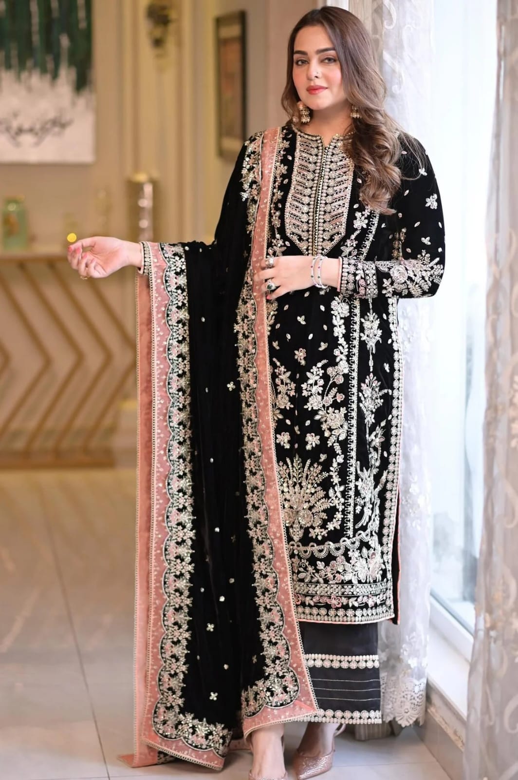 SP-AN5066 Unstitched Fully Embroidered Dhanak Suit With 4 Sided Embroidered Dhanak Shawl ( Shawl Is Ready To Wear )