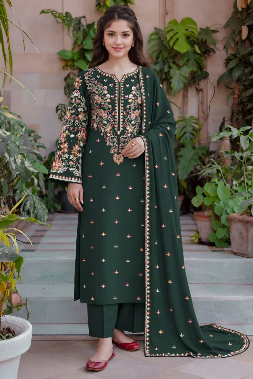 SP-D3000 HIGHLY RECOMMENDED (8.2 Meters) Unstitched Fully Embroidered Dhanak Suit With Embroidered Dhanak Shawl