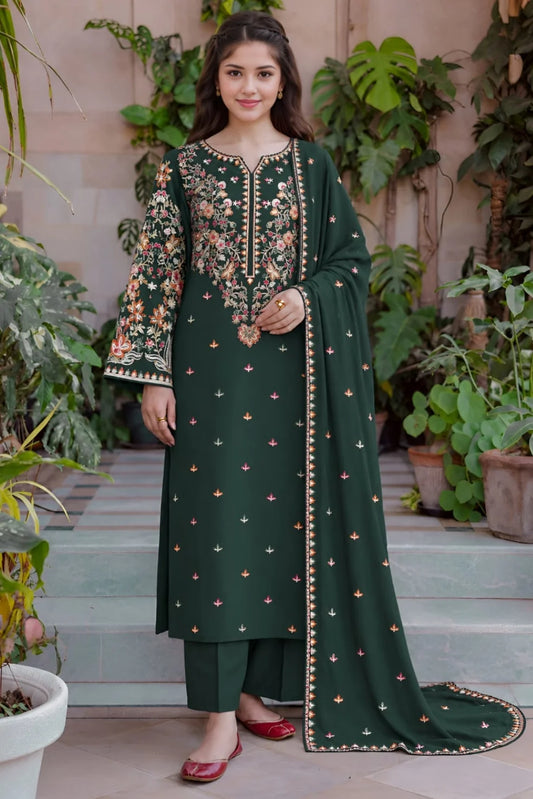 SP-D3000 HIGHLY RECOMMENDED (8.2 Meters) Unstitched Fully Embroidered Dhanak Suit With Embroidered Dhanak Shawl
