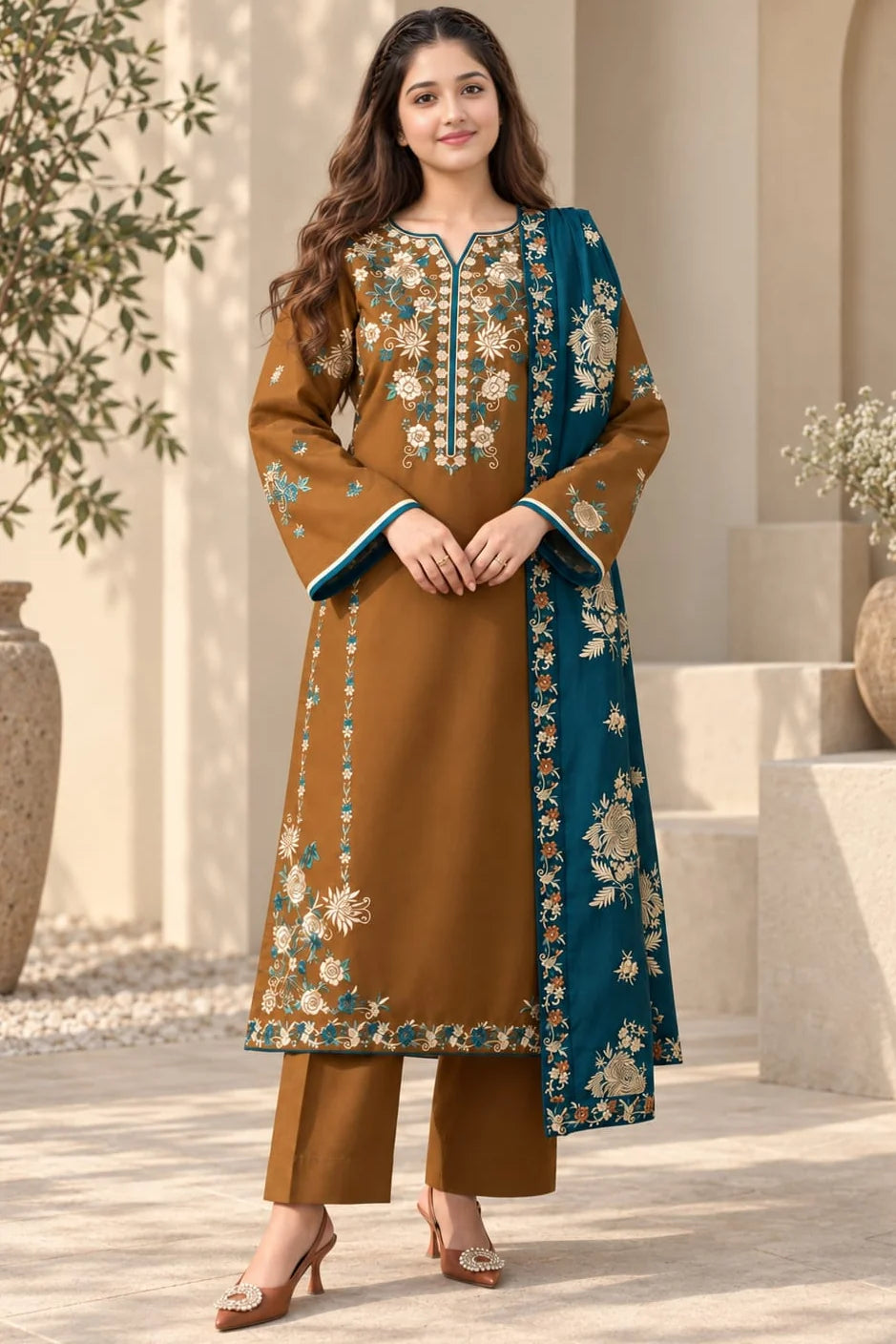 SP-RB250 Highly Recommended (8.2 meters) Unstitched Fully Embroidered Dhanak Suit With 4 Sided Embroidered Dhanak Shawl